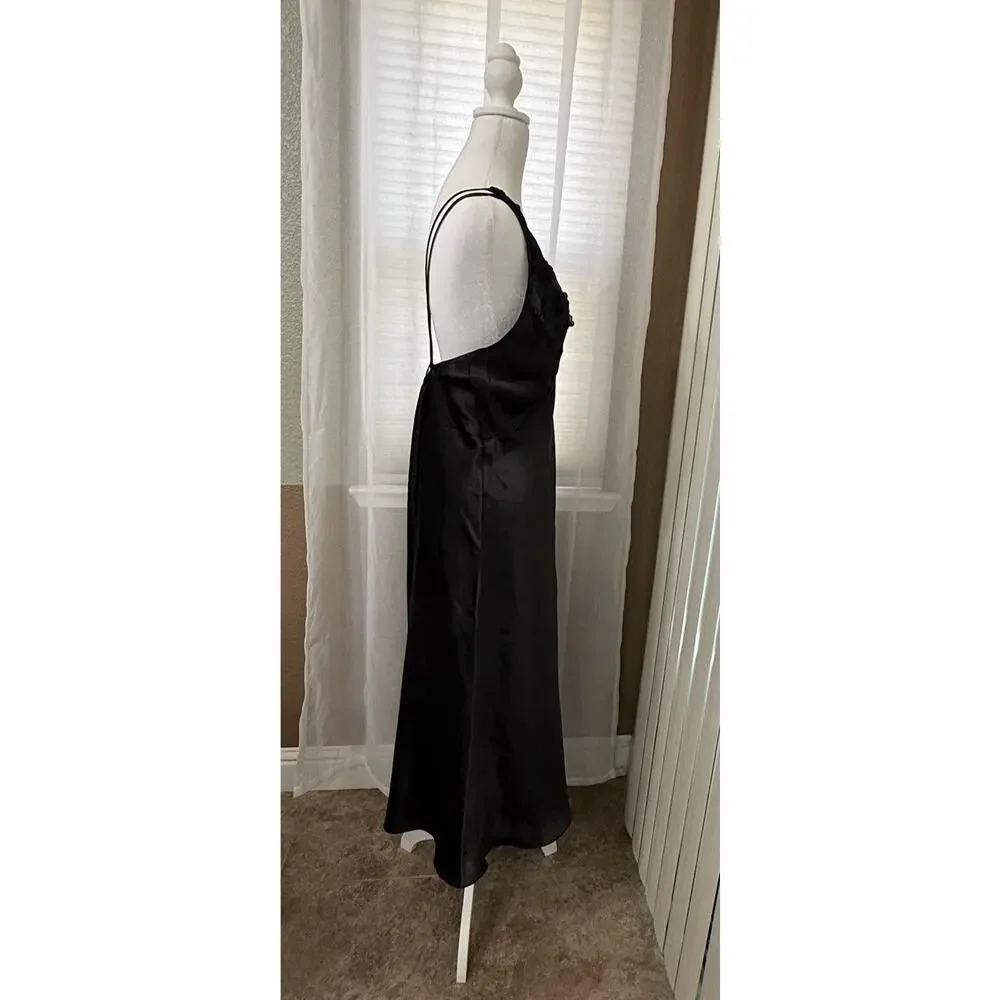 VTG Intimo Amore Black Lace Slip Dress Large Satin Open Back Strappy Romantic